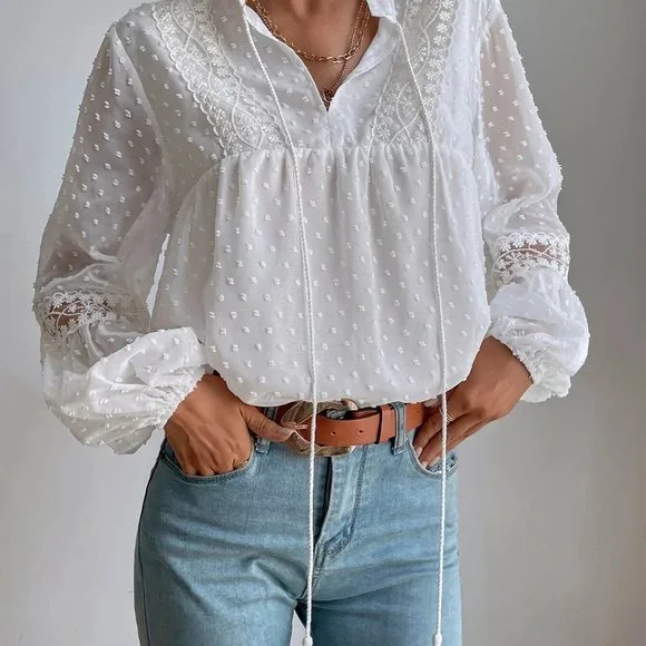 White Boho Womens Swiss Dot Embroidery Mesh Insert Lantern Sleeve Tassel Blouse - Picture 4 of 5